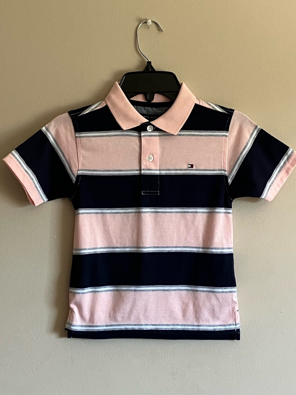 Tommy Hilfiger Boys Pink & Navy Striped Polo size 5.